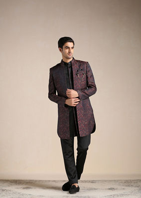 alt message - Manyavar Men Midnight Black Paisley Patterned Achkan Style Indo Western Set image number 1