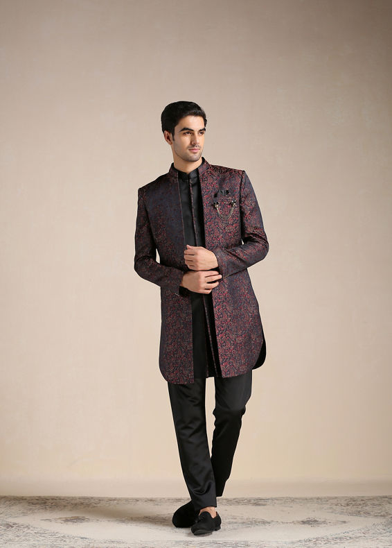 Manyavar Men Midnight Black Paisley Patterned Achkan Style Indo Western Set