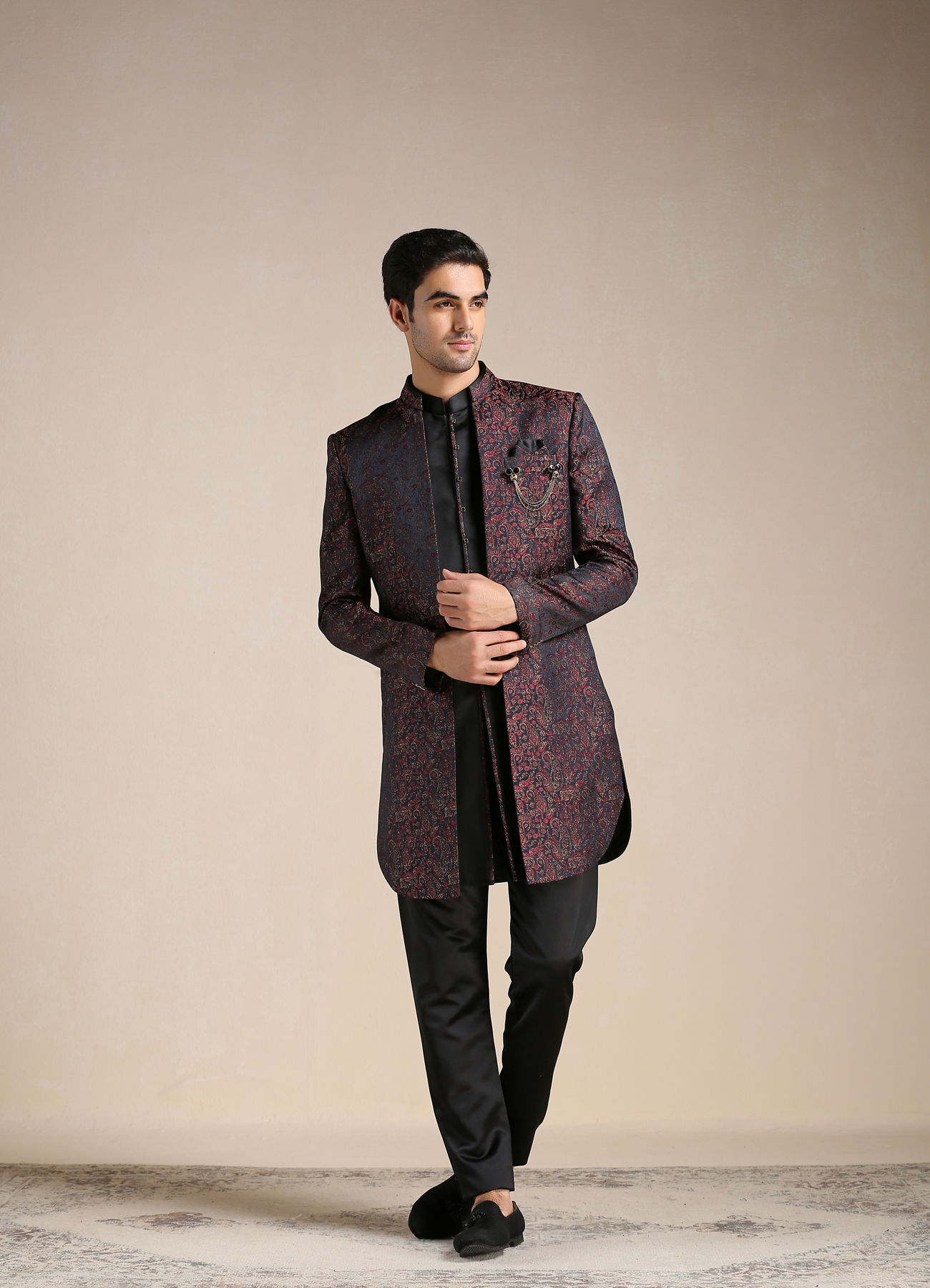 Manyavar Men Midnight Black Paisley Patterned Achkan Style Indo Western Set