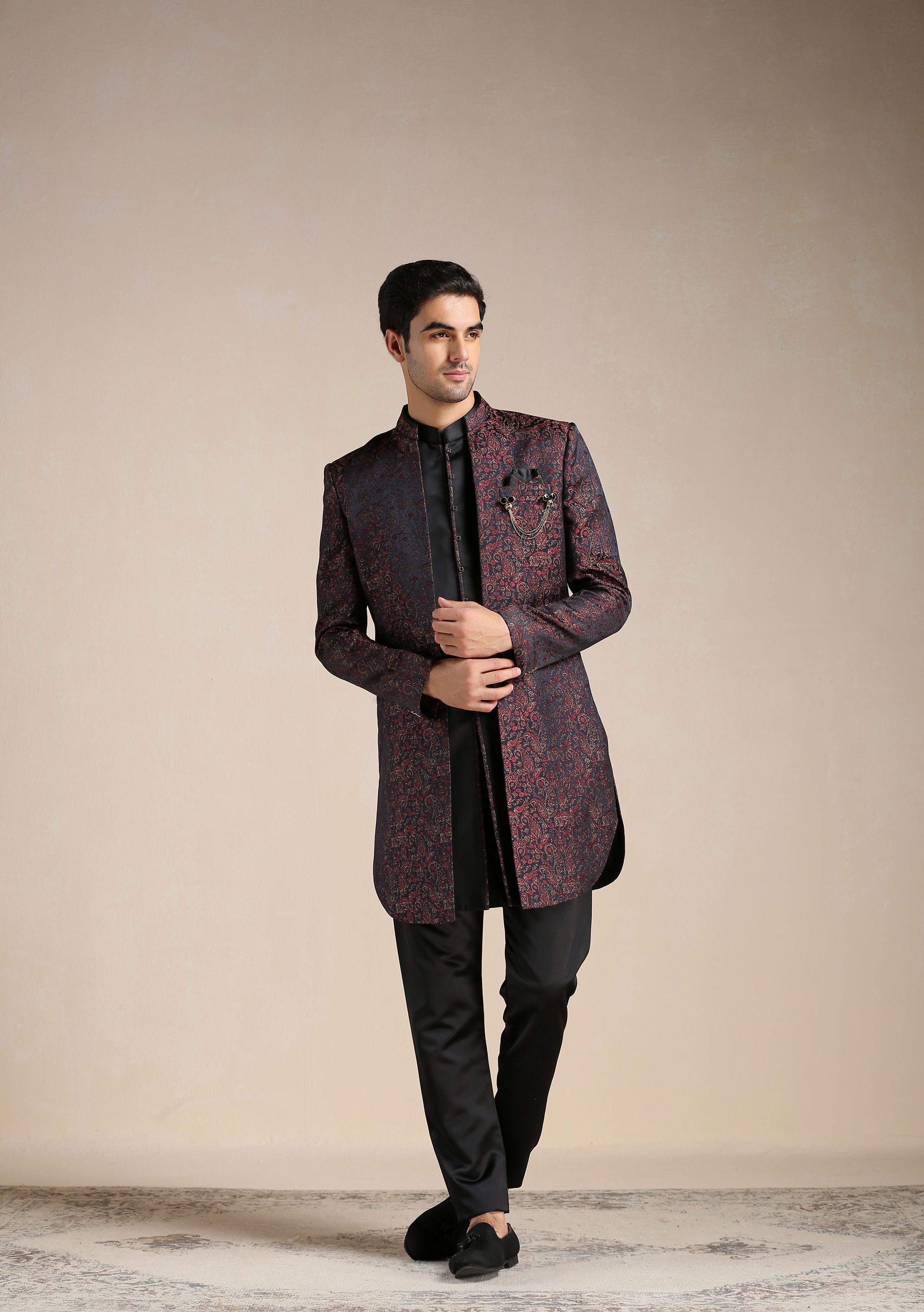 Manyavar Men Midnight Black Paisley Patterned Achkan Style Indo Western Set