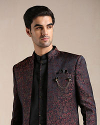 Manyavar Men Midnight Black Paisley Patterned Achkan Style Indo Western Set