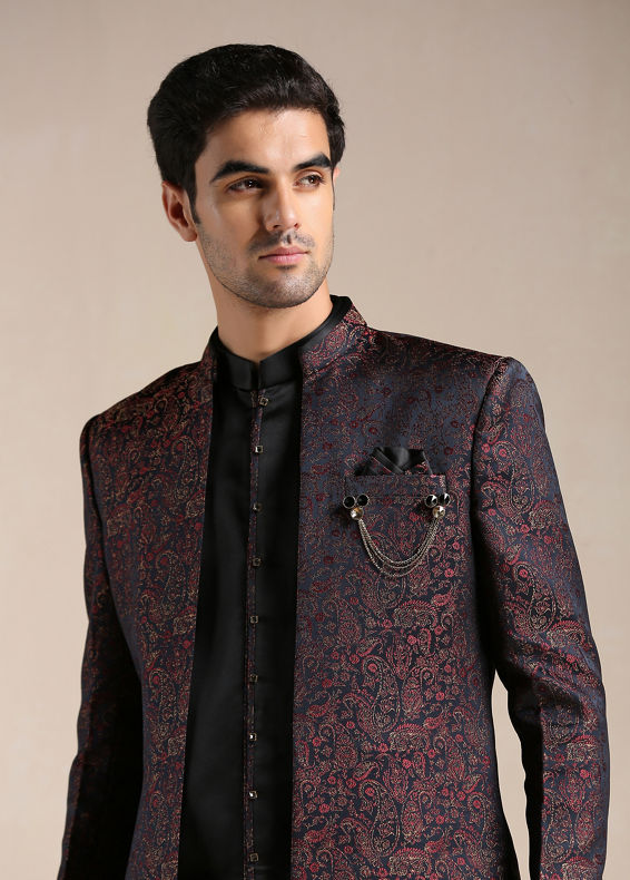Manyavar Men Midnight Black Paisley Patterned Achkan Style Indo Western Set
