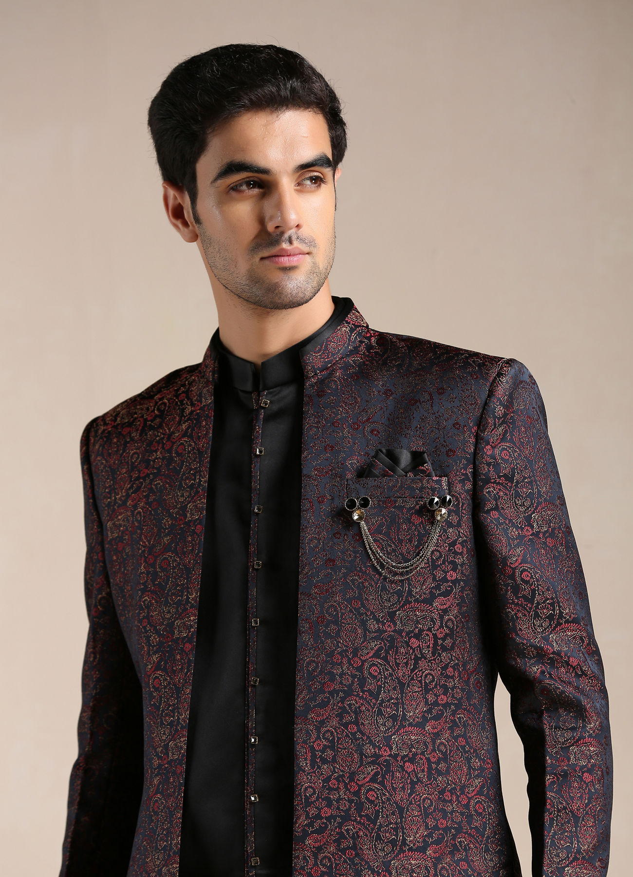 Manyavar Men Midnight Black Paisley Patterned Achkan Style Indo Western Set