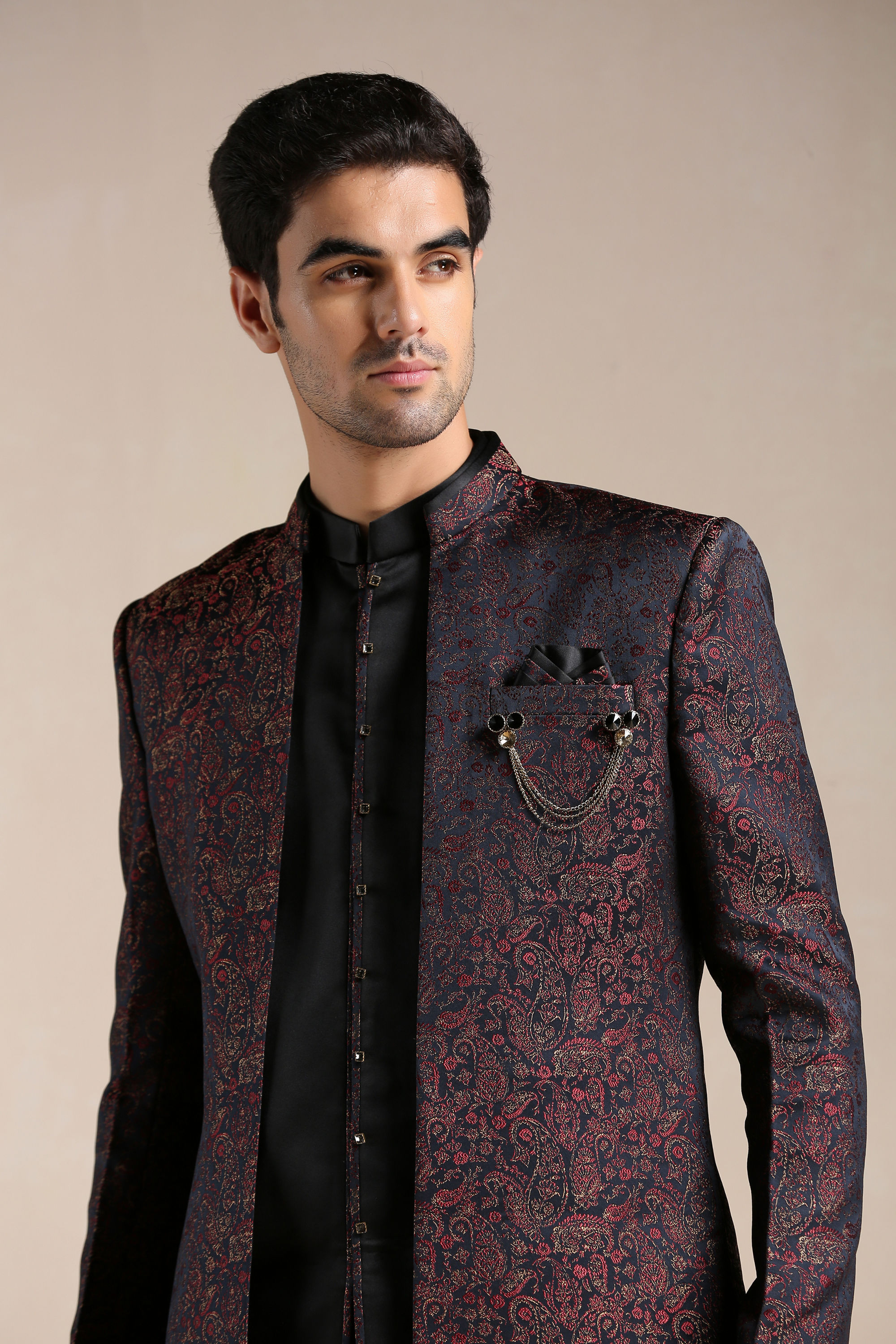 Manyavar Men Midnight Black Paisley Patterned Achkan Style Indo Western Set