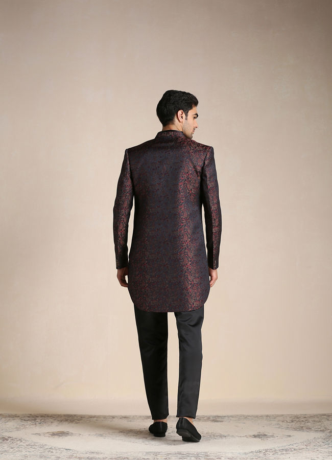 Manyavar Men Midnight Black Paisley Patterned Achkan Style Indo Western Set