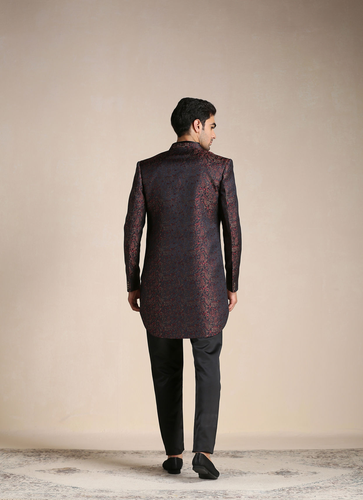 alt message - Manyavar Men Midnight Black Paisley Patterned Achkan Style Indo Western Set image number 3