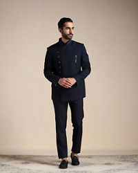 Manyavar Men Navy Blue Angrakha Style Indo Western Set