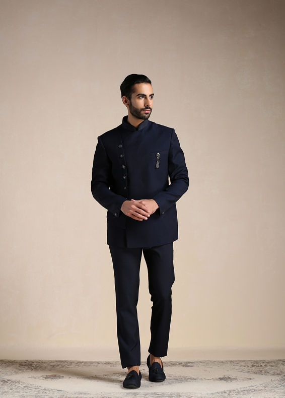 Manyavar Men Navy Blue Angrakha Style Indo Western Set