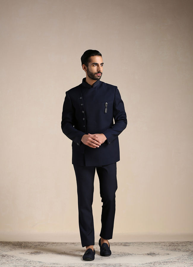 Manyavar Men Navy Blue Angrakha Style Indo Western Set image number 1