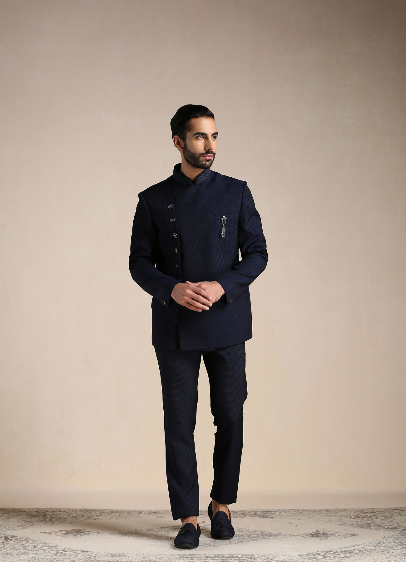 Manyavar Men Navy Blue Angrakha Style Indo Western Set