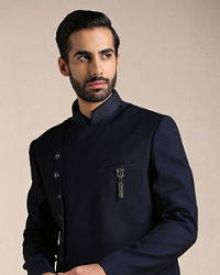 Manyavar Men Navy Blue Angrakha Style Indo Western Set