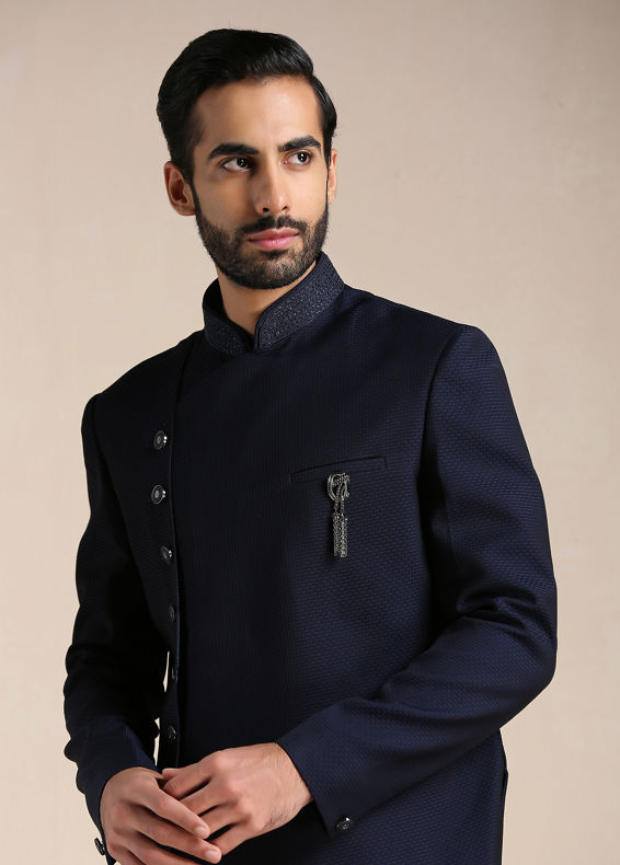 Manyavar Men Navy Blue Angrakha Style Indo Western Set