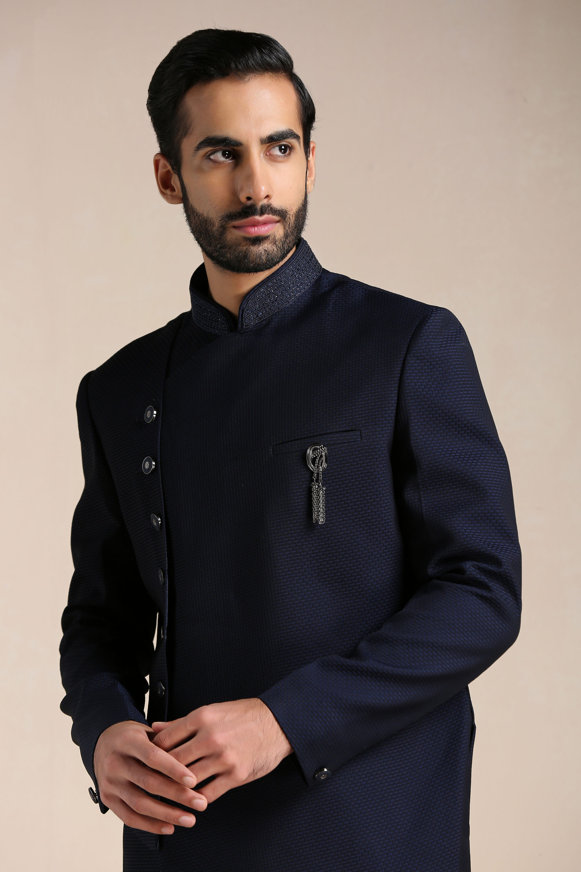 Manyavar Men Navy Blue Angrakha Style Indo Western Set