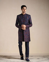 Manyavar Men Twilight Blue Floral Patterned Achkan Style Indo Western Set