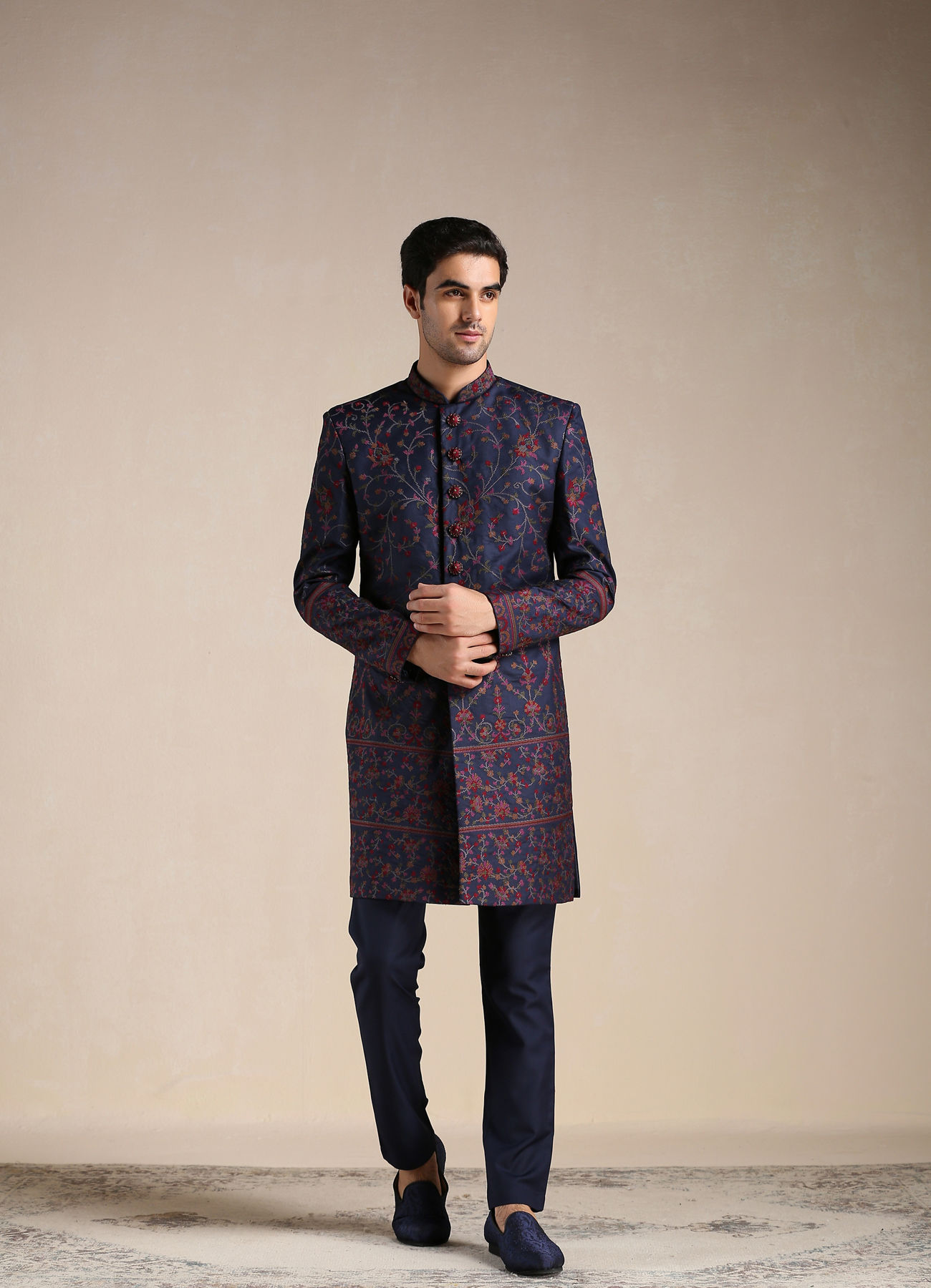 Manyavar Men Twilight Blue Floral Patterned Achkan Style Indo Western Set