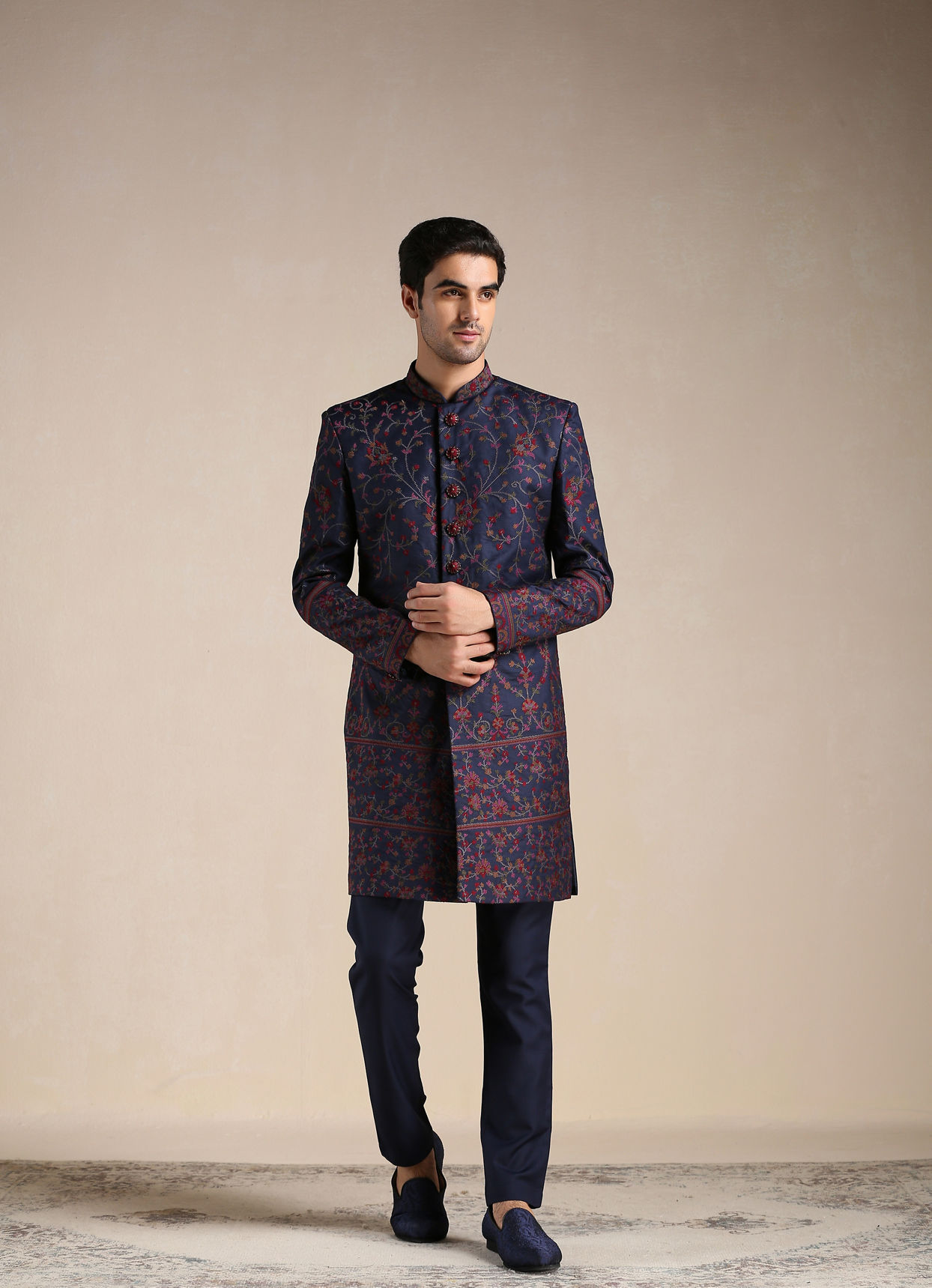 alt message - Manyavar Men Twilight Blue Floral Patterned Achkan Style Indo Western Set image number 1