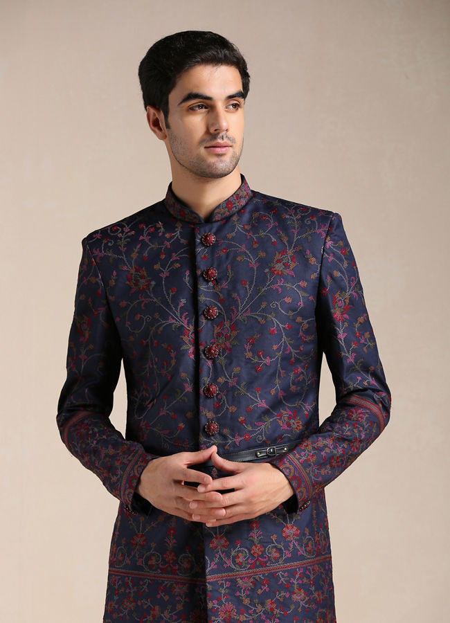 Indo Western for Men - Buy Twilight Blue Floral Patterned Achkan Style ...