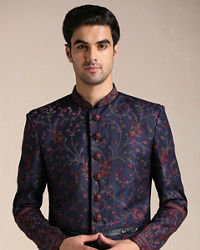 Manyavar Men Twilight Blue Floral Patterned Achkan Style Indo Western Set