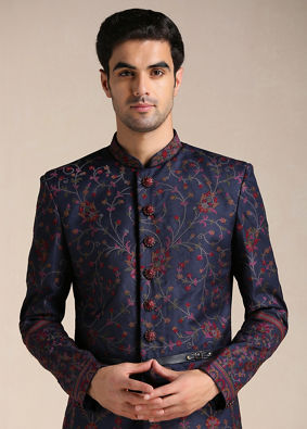 alt message - Manyavar Men Twilight Blue Floral Patterned Achkan Style Indo Western Set image number 0