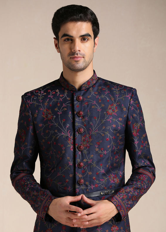 Manyavar Men Twilight Blue Floral Patterned Achkan Style Indo Western Set