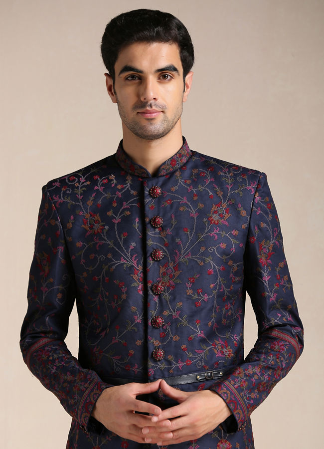 Twilight Blue Floral Patterned Achkan Style Indo Western Set image number 0