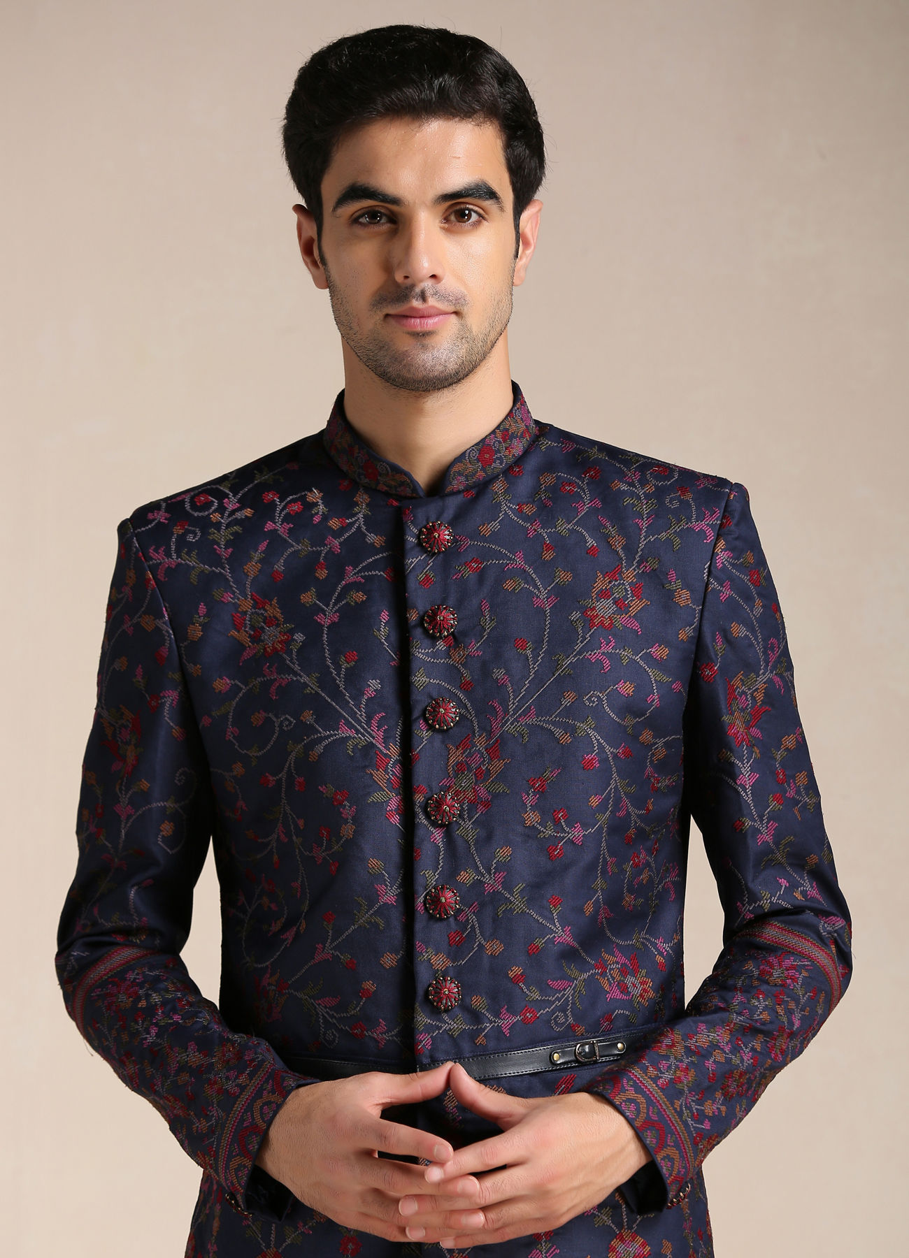 Manyavar Men Twilight Blue Floral Patterned Achkan Style Indo Western Set