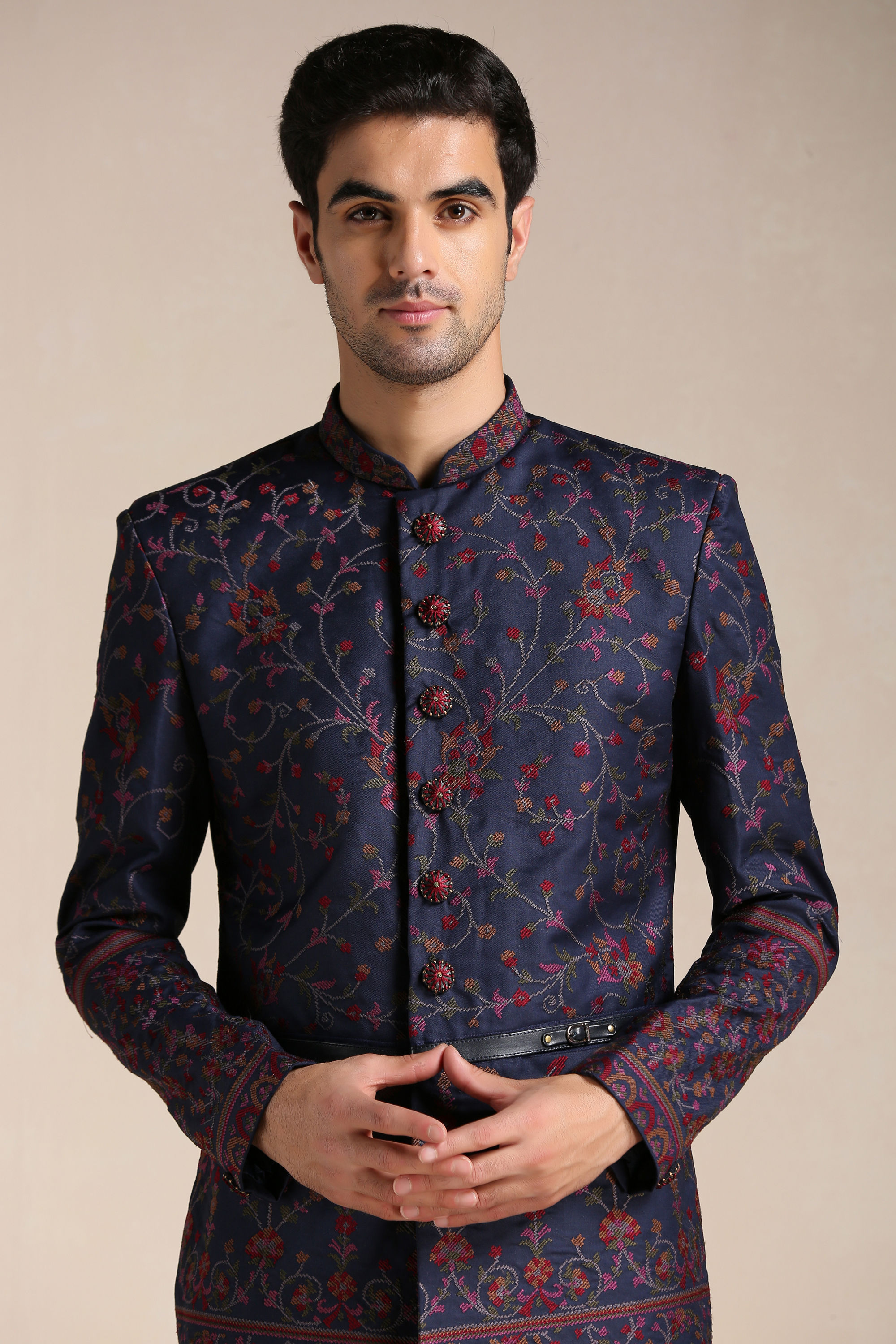 Manyavar Men Twilight Blue Floral Patterned Achkan Style Indo Western Set