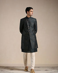 Manyavar Men Dark Forest Green Angrakha Style Indo Western Set