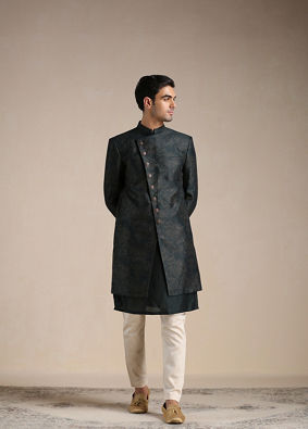 Manyavar Men Dark Forest Green Angrakha Style Indo Western Set