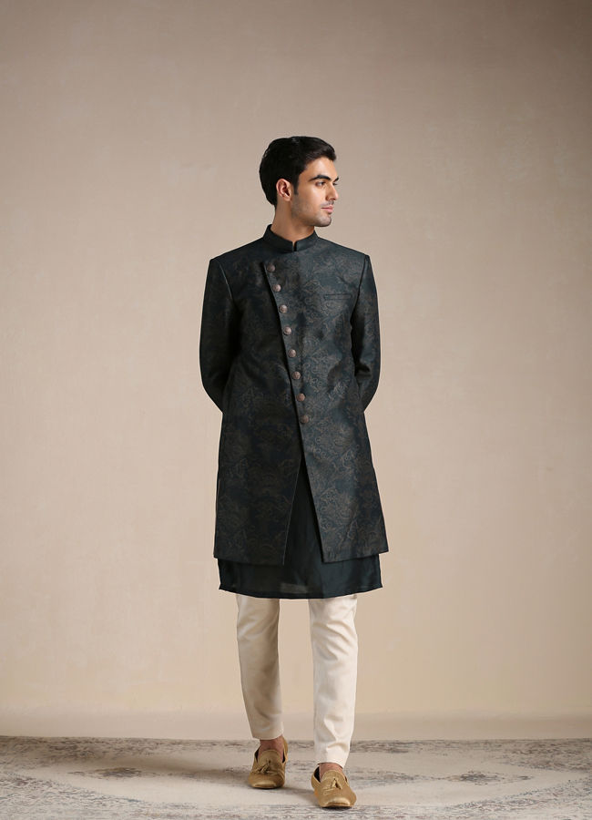 alt message - Manyavar Men Dark Forest Green Angrakha Style Indo Western Set image number 1