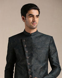 Manyavar Men Dark Forest Green Angrakha Style Indo Western Set