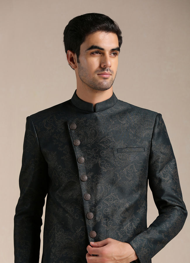 alt message - Manyavar Men Dark Forest Green Angrakha Style Indo Western Set image number 0