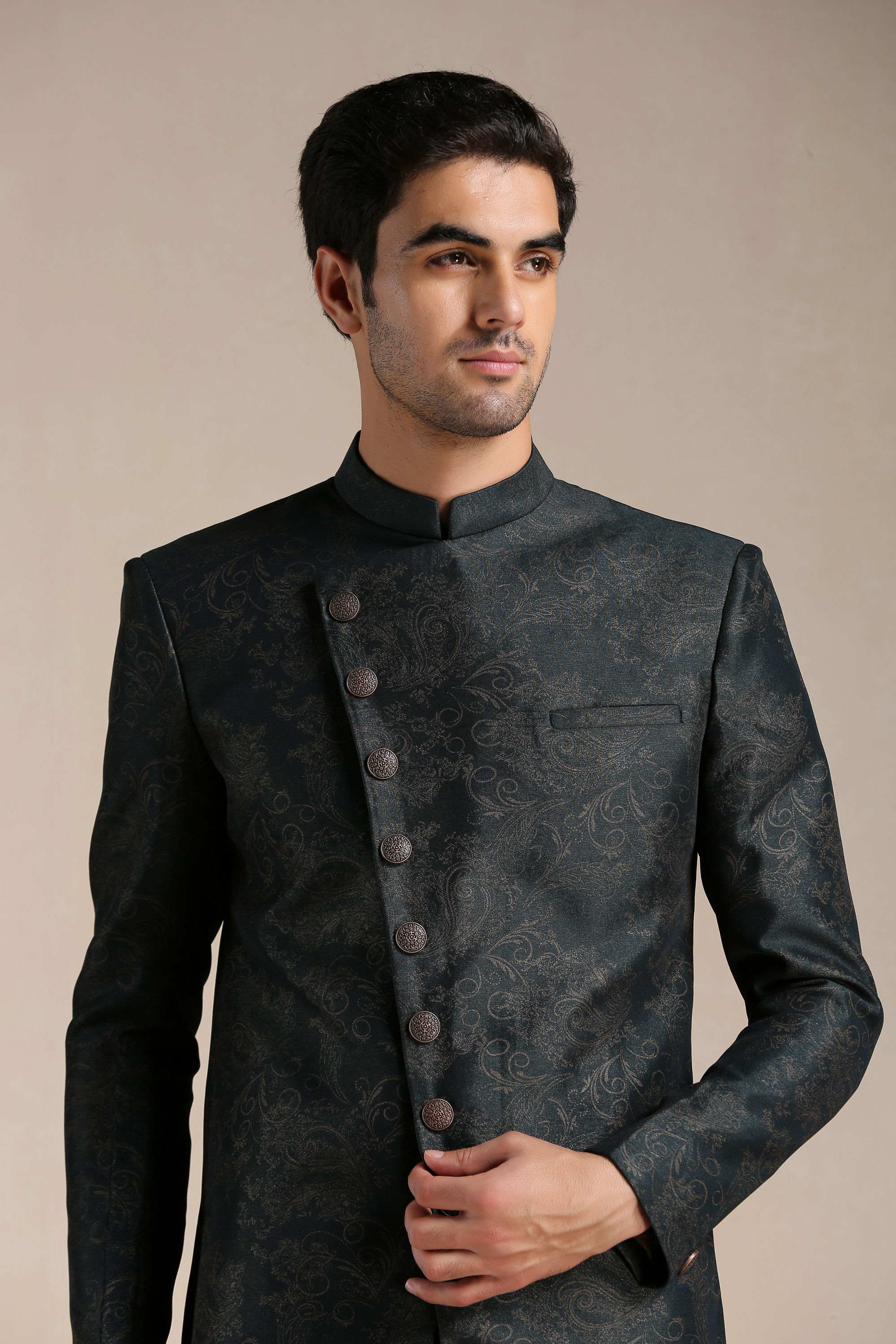 Manyavar Men Dark Forest Green Angrakha Style Indo Western Set