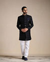 Manyavar Men Deep Blue Self Patterned Indo Western Set