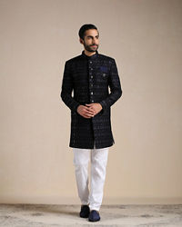 Manyavar Men Deep Blue Self Patterned Indo Western Set