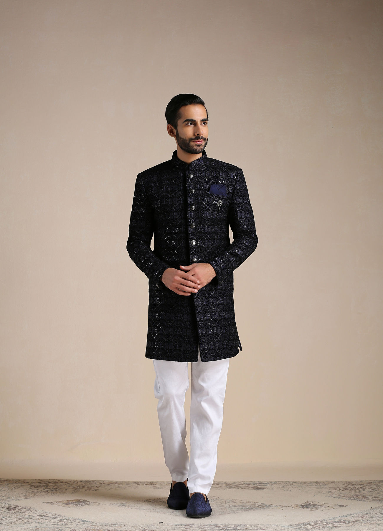 Manyavar Men Deep Blue Self Patterned Indo Western Set