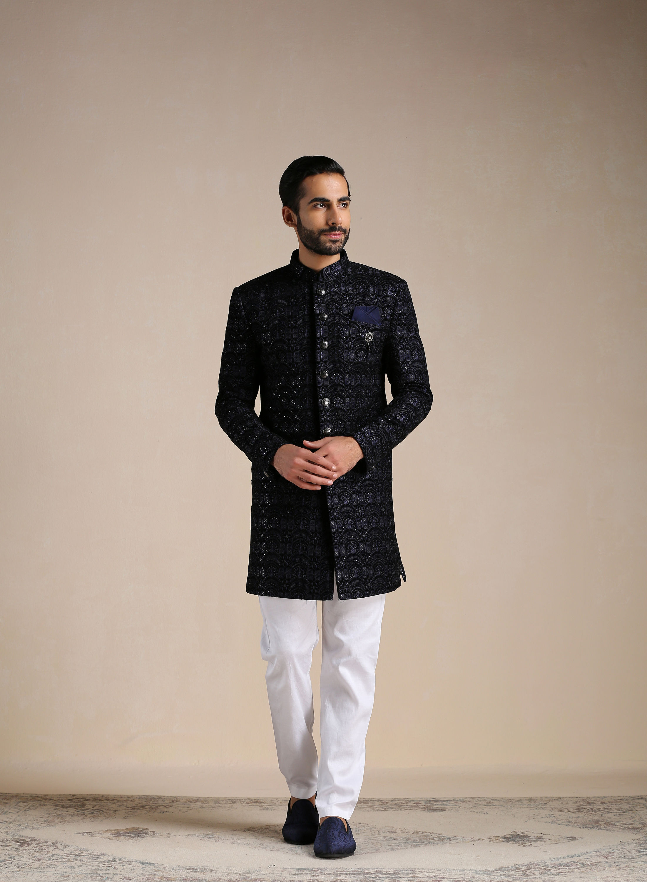 Manyavar Men Deep Blue Self Patterned Indo Western Set