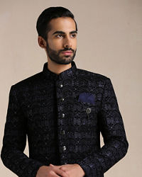 Manyavar Men Deep Blue Self Patterned Indo Western Set