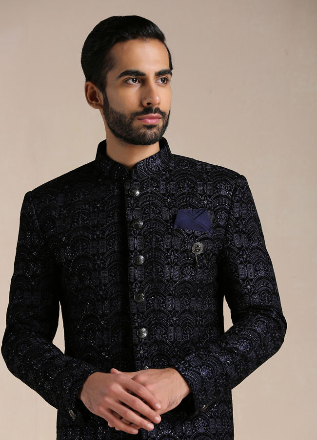 alt message - Manyavar Men Deep Blue Self Patterned Indo Western Set image number 0