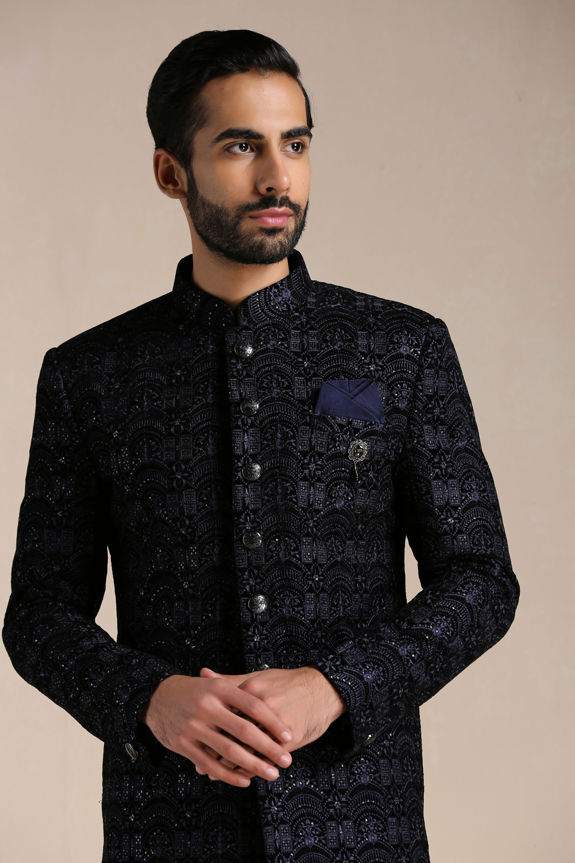 Manyavar Men Deep Blue Self Patterned Indo Western Set