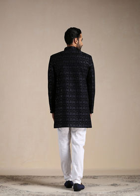 Deep Blue Self Patterned Indo Western Set image number 3