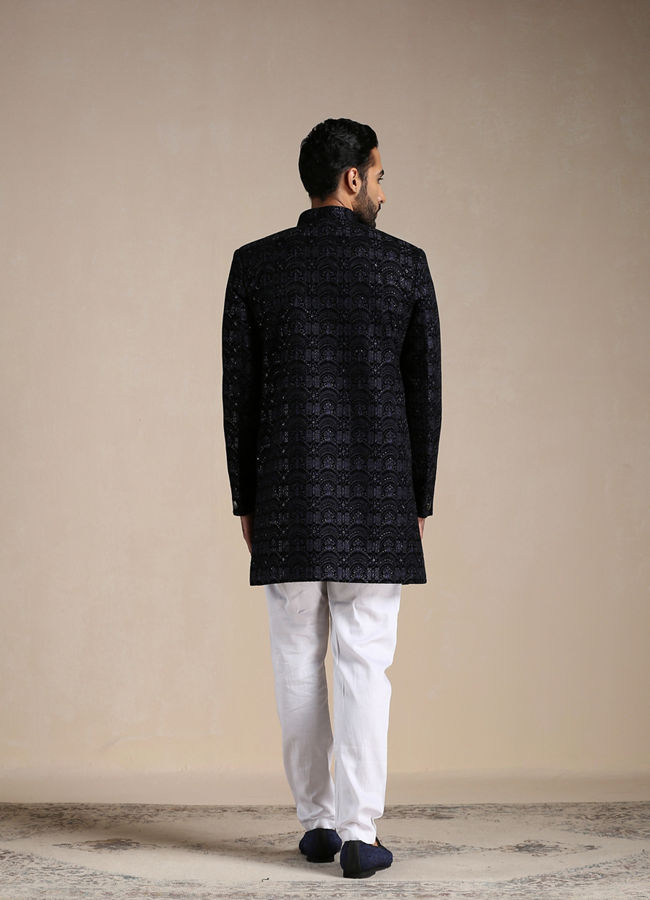 Manyavar Men Deep Blue Self Patterned Indo Western Set