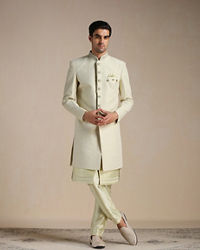 Manyavar Men Butterfly Green Lattice Patterned Indo Western set