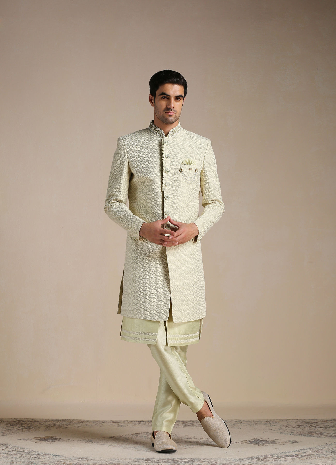 Manyavar Men Butterfly Green Lattice Patterned Indo Western set