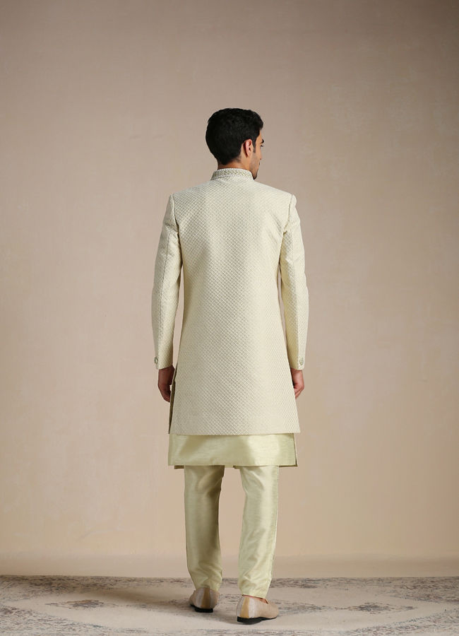 Manyavar Men Butterfly Green Lattice Patterned Indo Western set