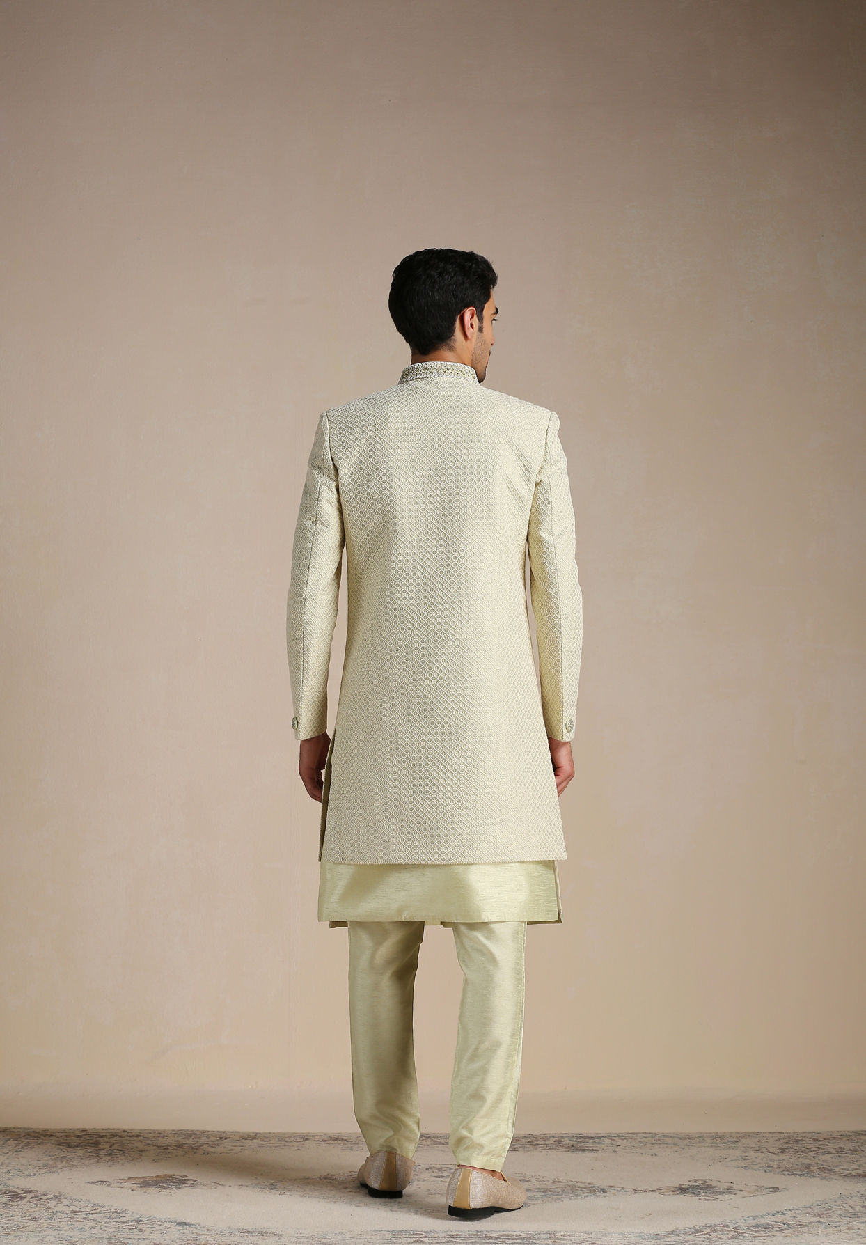 Manyavar Men Butterfly Green Lattice Patterned Indo Western set