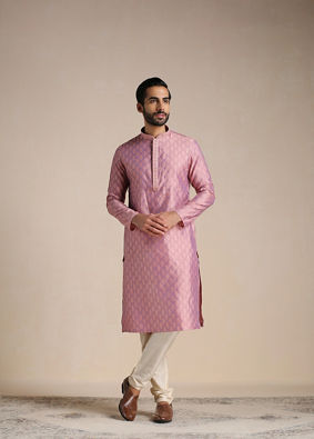 alt message - Manyavar Men Dusty Rose Pink Jacquard Patterned Kurta Set image number 1