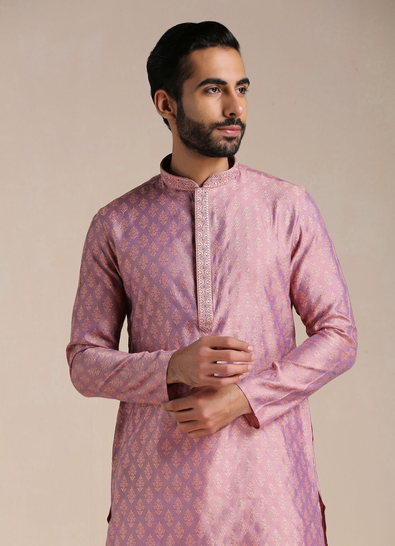 Manyavar Men Dusty Rose Pink Jacquard Patterned Kurta Set