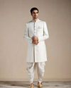 alt message - Manyavar Men Off White Medallion Patterened Brocade Indo Western Set image number 1