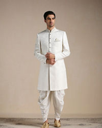 Manyavar Men Off White Medallion Patterened Brocade Indo Western Set